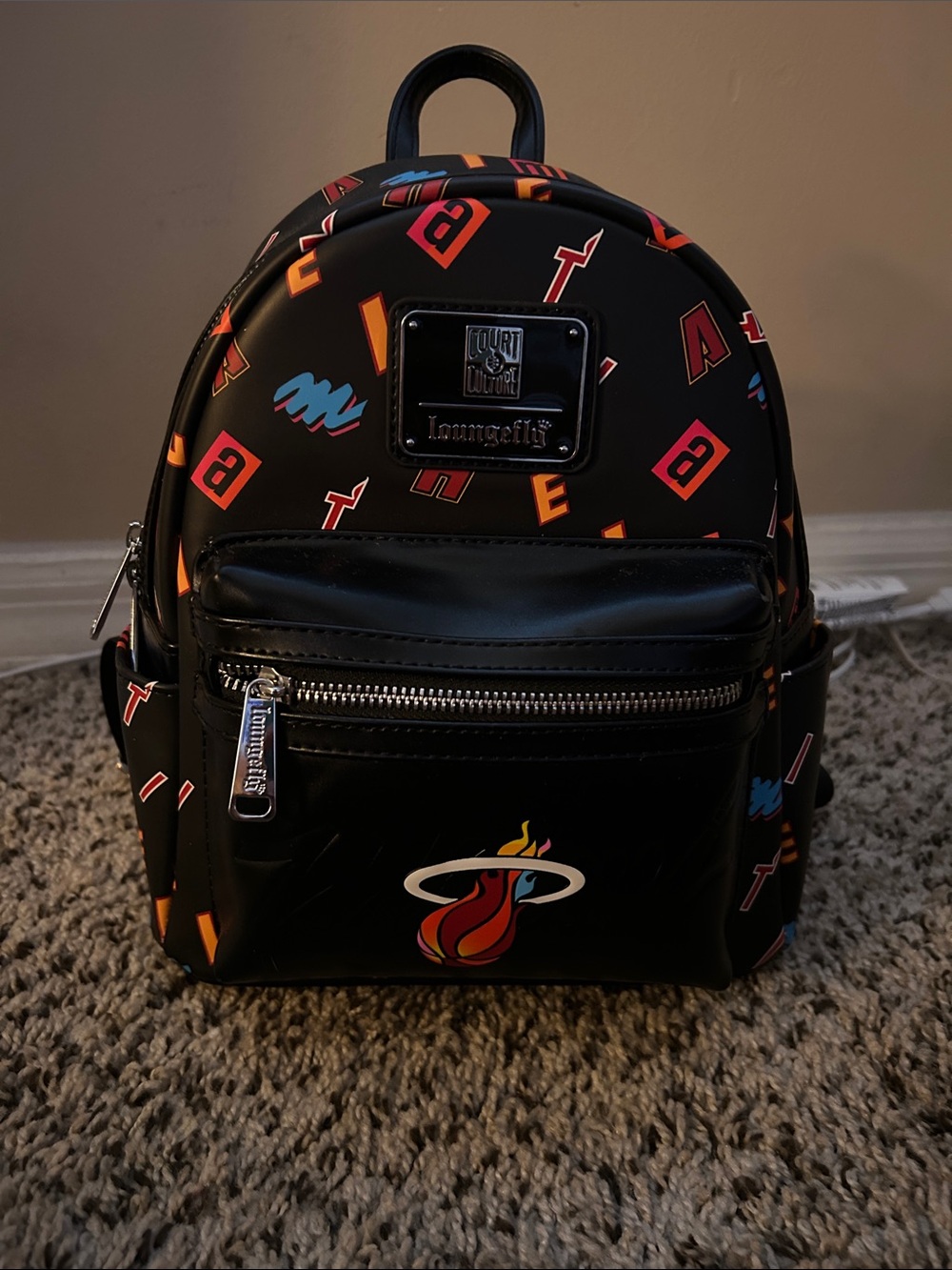 Loungefly Miami Heat, Black Mini Backpack with Red, Orange & Blue Accents